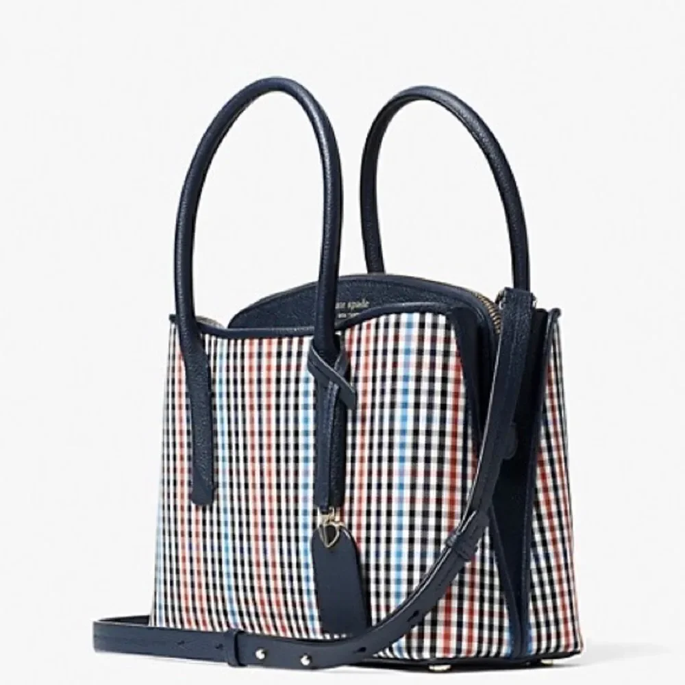KATE SPADE MARGAUX MEDIUM SATCHEL HANDBAG IN BLUE RED BLACK PLAID + LEATHER TRIM